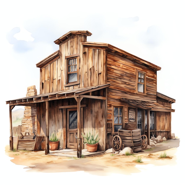 Aquarela cidade fantasma construção ocidental oeste selvagem cowboy deserto ilustração clipart