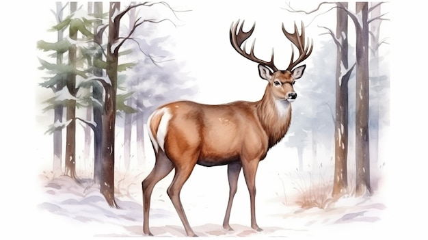 Aquarela Ciervo pintado a mano Ilustración de escenas de invierno IA generativa