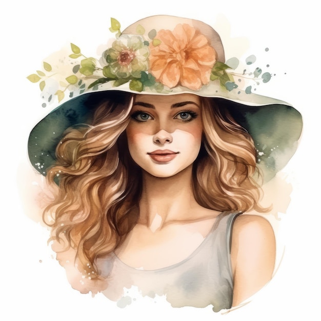 Aquarela clipart de feminilidade com cachos exuberantes e chapéu de flor