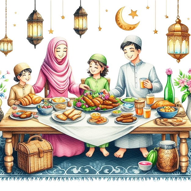 aquarela clipart de uma família iftar quebrar de cena rápida com uma mesa adornada com delicioso