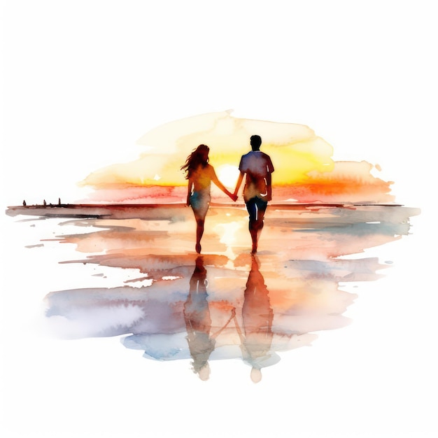 aquarela clipart um casal curtindo um passeio ao pôr do sol no fundo branco da praia