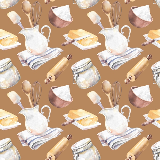 Aquarela de cocina con patrón sin costuras Ilustración de mano ahogada en fondo marrón