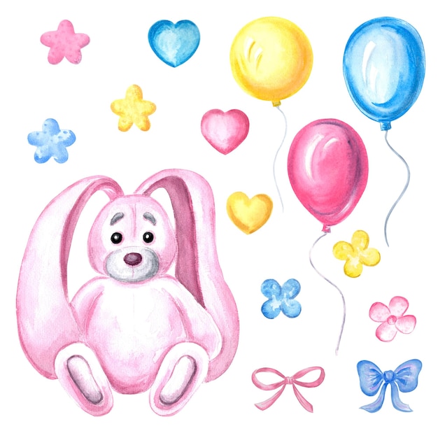 Aquarela coelho rosa com brinquedos de bebê balões coloridos e laços conjunto de mão pintado