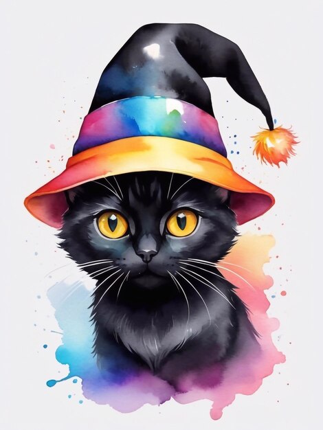 Aquarela colorida Cute cara de gato preto usando um chapéu mágico estilo de logotipo T-shirt design de arte papel de parede