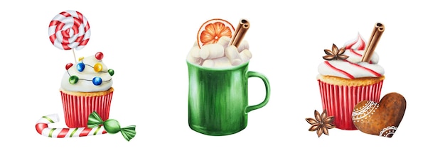 Aquarela com copo de natal de bebida quente com marshmallows canela em pau laranja e muf doce