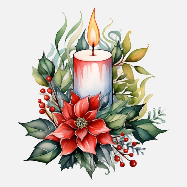 Aquarela com tema de Natal velas e flores ilustração de arranjo de decoração para o Natal