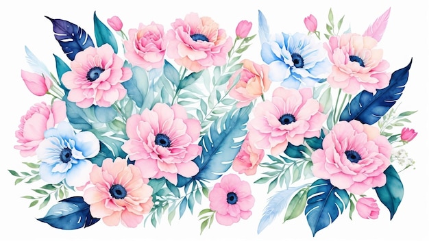 Aquarela composição floral vintage rosa e azul bouquet floral flores e penas isolado AI gerado