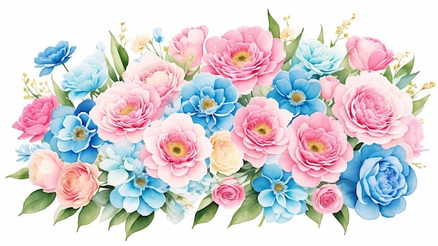 Aquarela composição floral vintage rosa e azul bouquet floral flores e penas isolado AI gerado