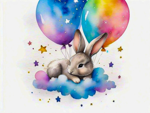 Aquarela conejo bebé lindo durmiendo en globos nube y estrellas aislado fondo blanco