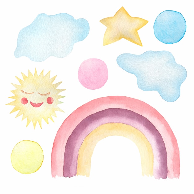 Foto aquarela conjunto de ilustrações infantis fofos - arco-íris, su, nuvens, bolinhas.