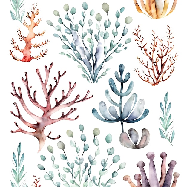 Aquarela conjunto de plantas em um fundo branco.