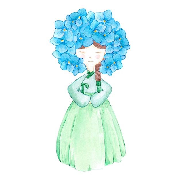 Aquarela coreana desenhada à mão em hanbok com flores de hortênsia isoladas em fundo branco Pode ser usada para cartão postal de bandeira de rótulo e outros produtos impressos