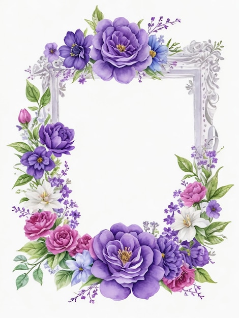 Aquarela coroa floral de flores roxas ramos de lila roxa e folhagem Ilustração botânica
