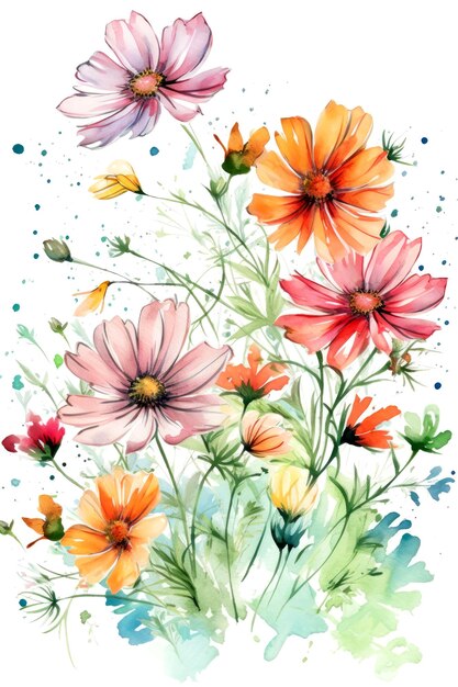 Aquarela cosmos flores ilustración pintada a mano sobre un fondo blanco