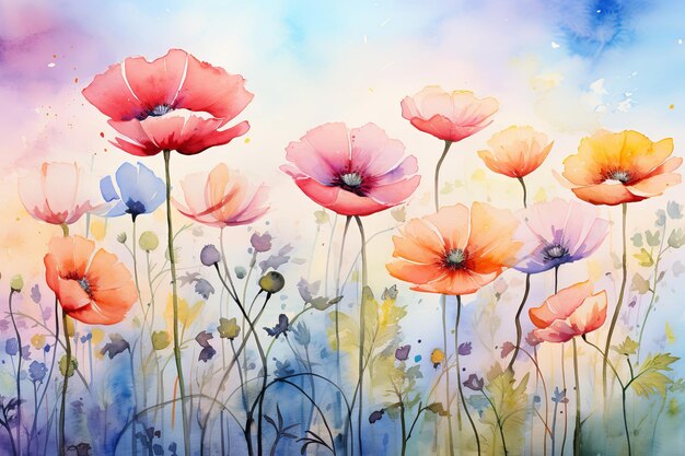 Foto aquarela cosmos prado flores campo com fundo de céu verão primavera flor arte ilustração