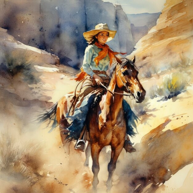 Aquarela cowboy chica a caballo