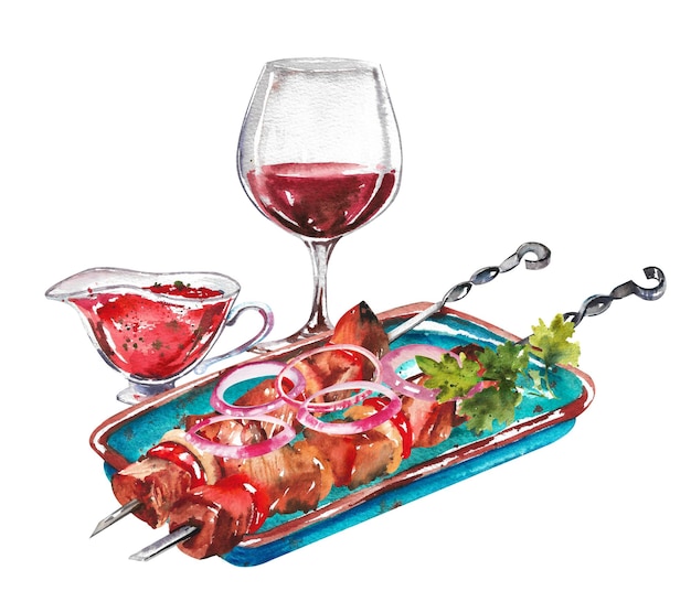 Aquarela cozinha caucasiana Shish kebab com molho e um copo de vinho tinto