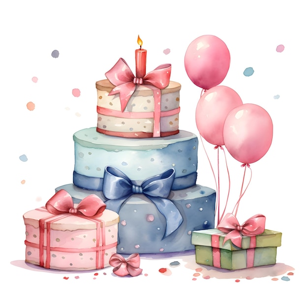 Aquarela de cumpleaños regalos globos pastel
