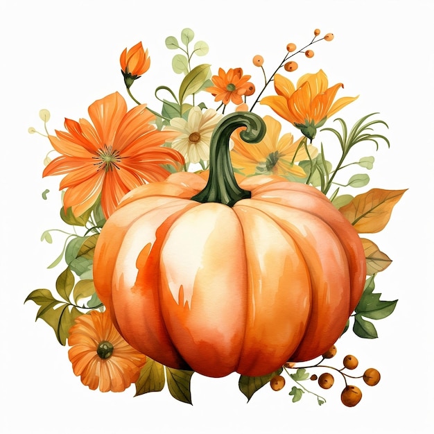 Aquarela de abóbora clip art abóbora laranja com flores para o Dia de Ação de Graças ou Halloween gerada por IA