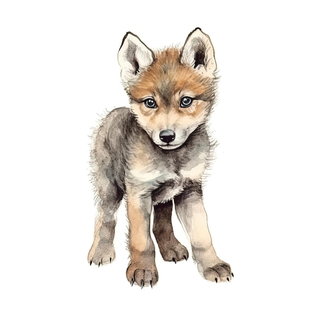 Aquarela de Baby Wolf com contorno de tinta sobre fundo branco, IA generativa altamente detalhada