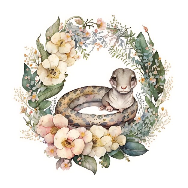 Foto aquarela de bebê python coroa floral