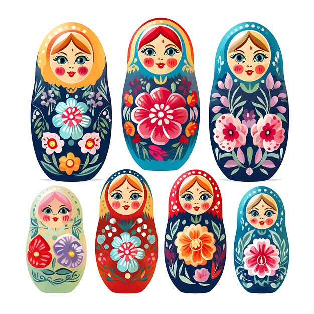 Foto aquarela de bonecas de nidificação matrioshka russas cores vibrantes madeira redonda em branco bg tinta clipart