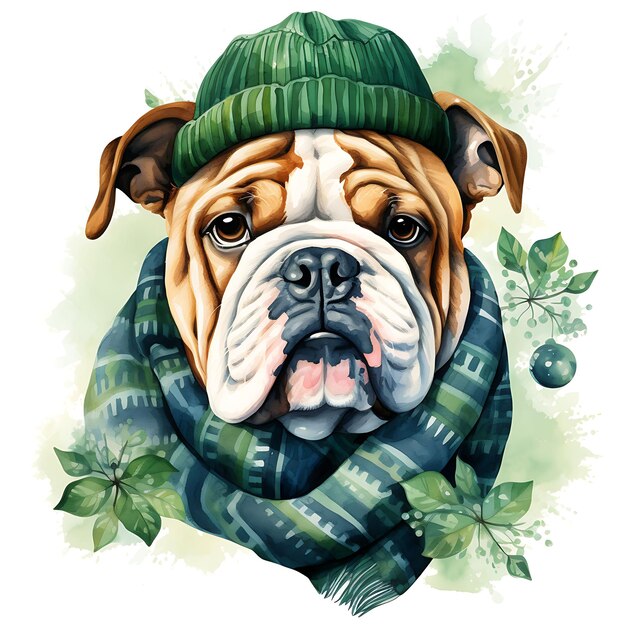 Foto aquarela de bulldog com um chapéu skimmer camisola de caxemira verde malach patrick day clipart