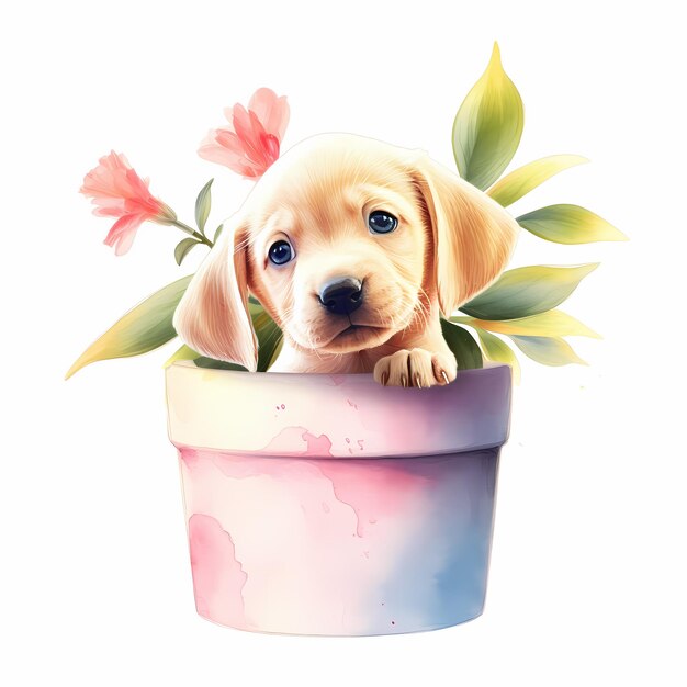 Foto aquarela de cachorro isolada no fundo branco retrato bonito de cachorro com conjunto de flores de primavera ou verão