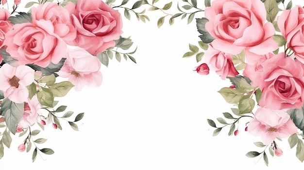 Foto aquarela de casamento floral com linda moldura de rosas generative ai