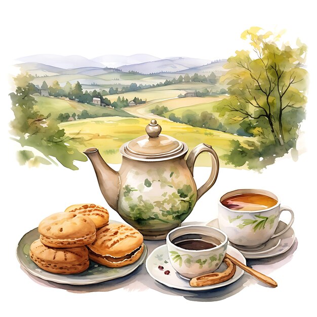 Foto aquarela de chá, biscoitos, xícaras de chaleira, paisagem inglesa, aquarela em fundo branco 2d