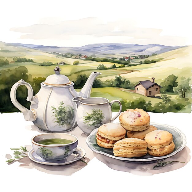 Foto aquarela de chá, biscoitos, xícaras de chaleira, paisagem inglesa, aquarela em fundo branco 2d