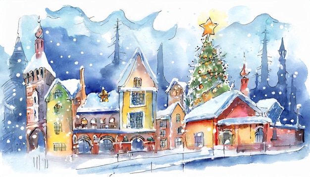 Foto aquarela de cidades clássicas desenhadas à mão com decoração de natal e flocos de neve