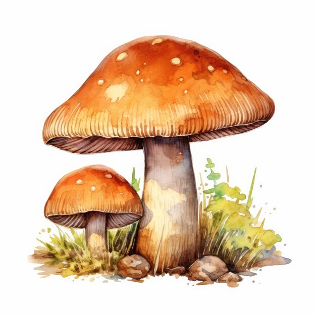 Aquarela de cogumelos castanhos Aquarela Agarica de mosca Aquarela Amanita Regalis Aquarela Floresta de fungos Desenho Ilustração de IA generativa