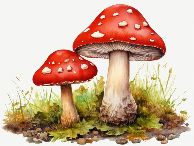 Aquarela de cogumelos vermelhos Acuarela de agarico de mosca Aquarela criativa Fungos selvagens Aquarela Fungos