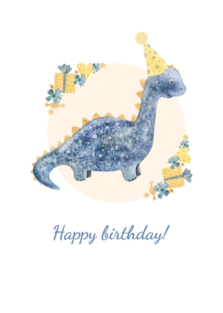 Aquarela de dinossauro cartão de aniversário desenhado à mão