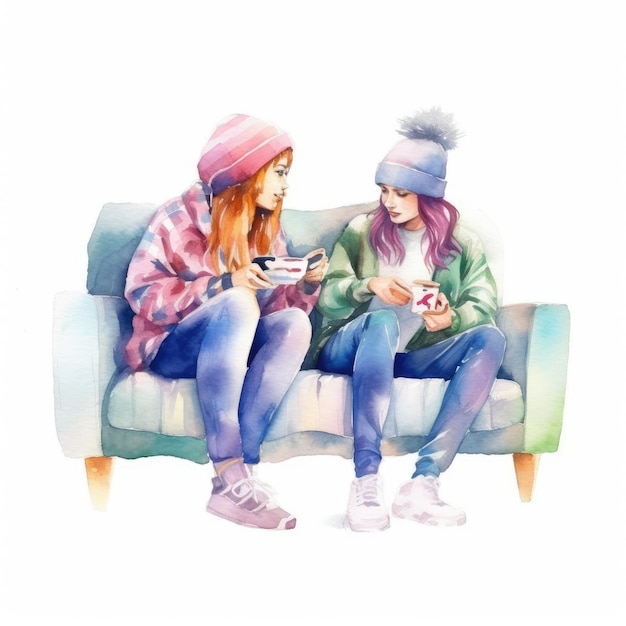Aquarela de dois amigos jogando videogame juntos em um sofá