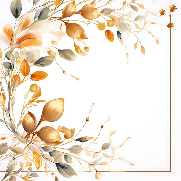 Aquarela de Elegante Quadro de Folha de Ouro com Vinha de Árvore de noz de Betel e Desenho de T-shirt de Folha De Clipart