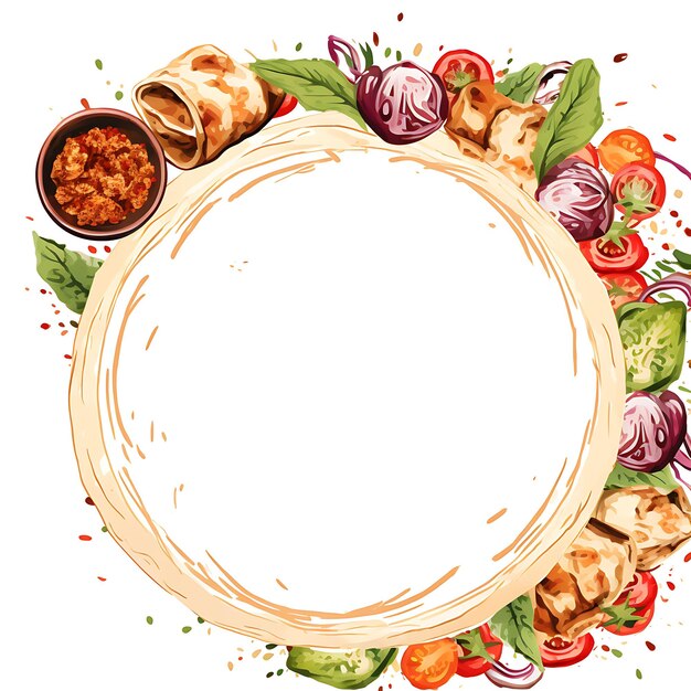 Aquarela de estrutura de madeira incrustada com frango Shawarma Salada Sumac e Tahi Nowruz Festival Clipart