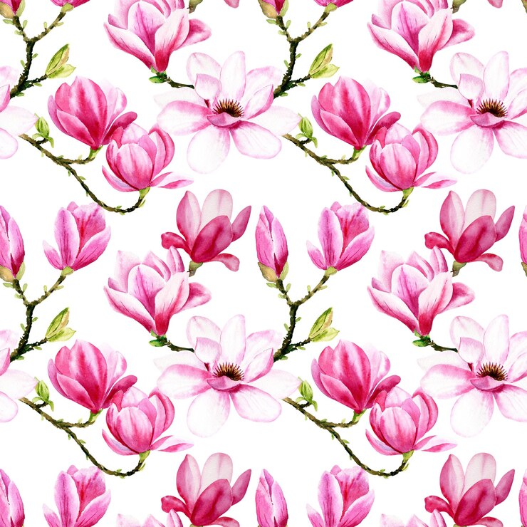 Foto aquarela de flores de magnólia desenhada à mão com um padrão sem costura