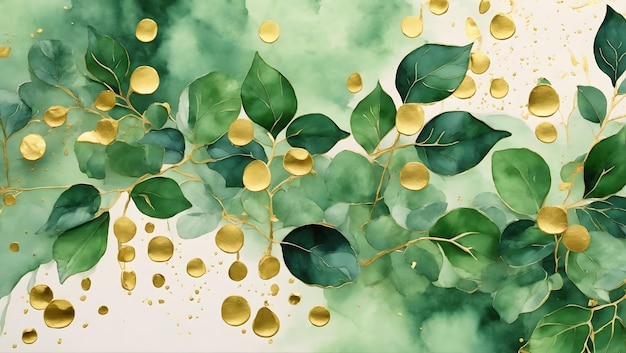 Aquarela de fundo abstrato com folhas verdes gotas de ouro decorativas