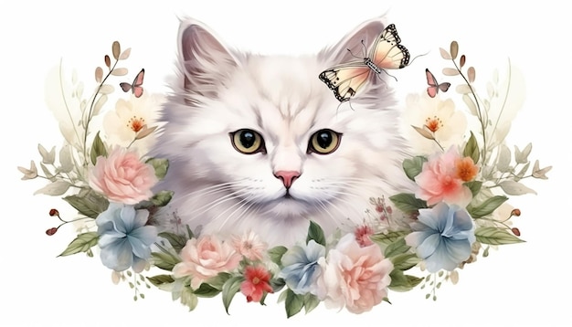 aquarela de gato branco em buquê de coroa floral