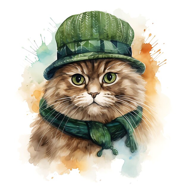 Foto aquarela de gato do himalaia com um terno de lã de tampa plana luvas verdes celtic patrick day clipart