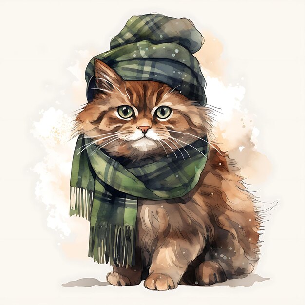 Foto aquarela de gato do himalaia com um terno de lã de tampa plana luvas verdes celtic patrick day clipart