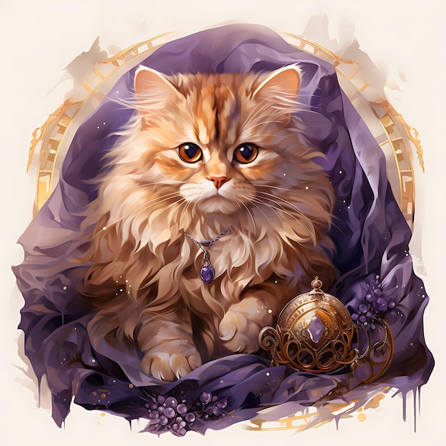 Aquarela de gato persa aninhado em um luxuoso cobertor de pele cercado por uma camiseta plana Clipart 2D
