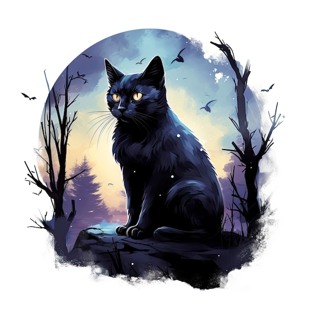 Aquarela de gato preto em floresta enluarada para design de camiseta
