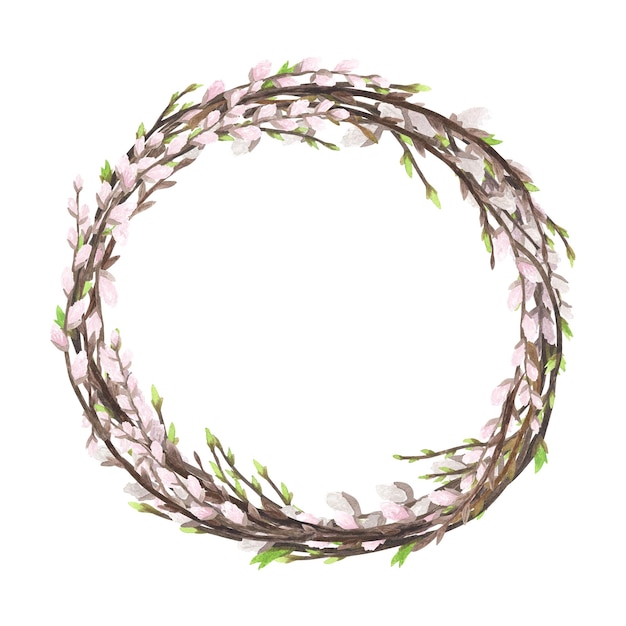 Aquarela de guirlanda de salgueiro com galhos de primavera isolados em branco Mão desenhando ilustração de Páscoa para design