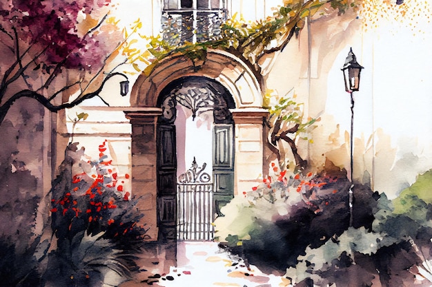 Aquarela de jardim e arco