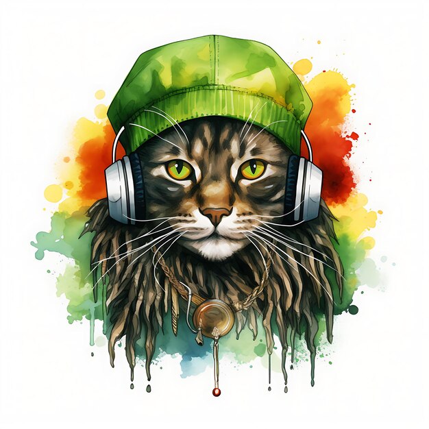 Aquarela de Laperm Cat em um chapéu Rasta Reggae Outfit Green Dreadlock Bead Patrick Day Clipart