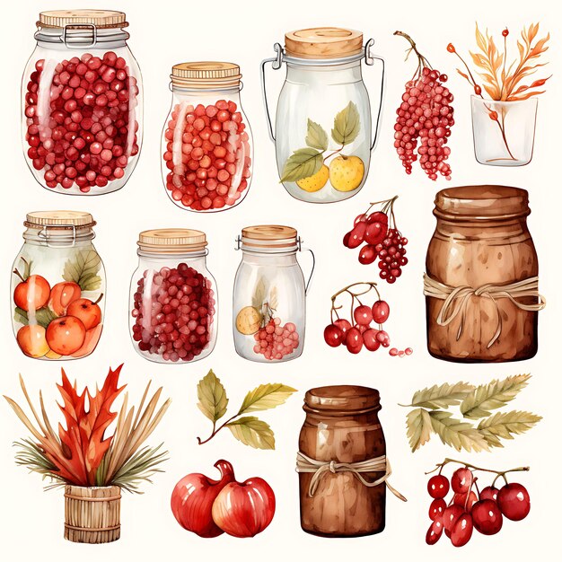 Foto aquarela de latas, vasos, cestas, floresta, aquarela vermelha, folhagem de outono em fundo branco 2d