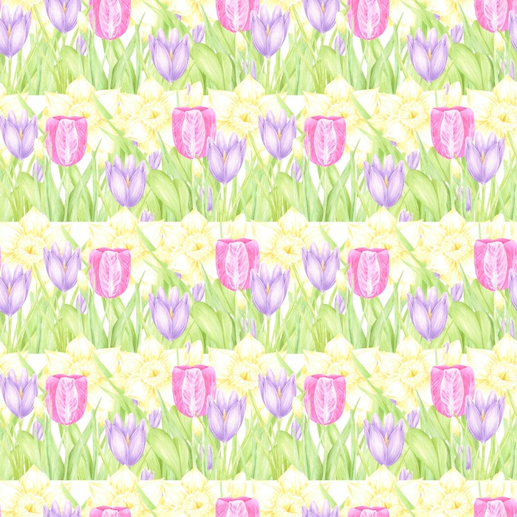 Foto aquarela de narcisos desenhada à mão, crocus e tulipa com folhas verdes, bouquet, padrão sem costura isolado em fundo branco, pode ser usado para scrapbook de tecido têxtil e outros produtos impressos
